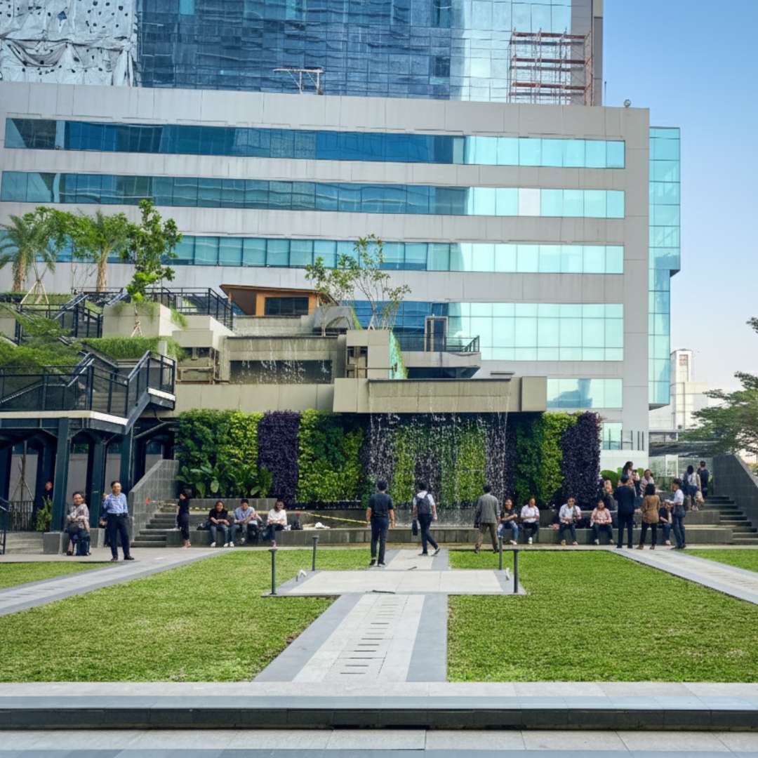 Green Plaza at Thamrin Nine, a landscaped green space designed for relaxation and informal meetings.